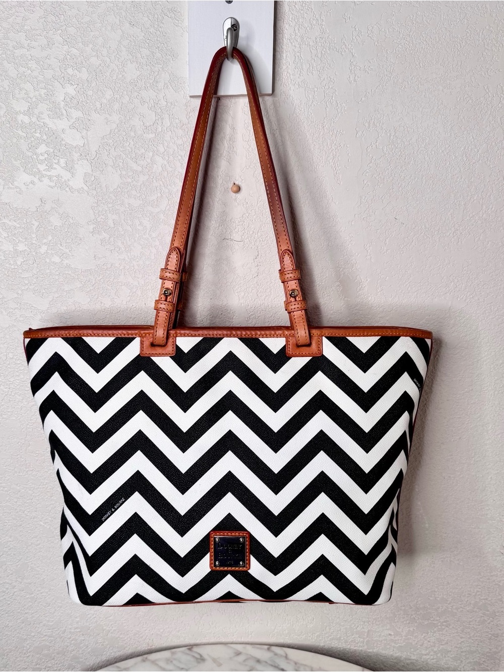 Black & White Chevron Tote with Brown Leather Trim